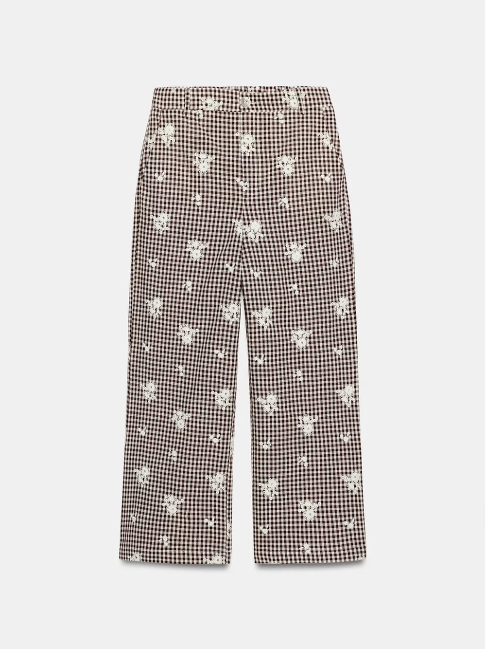 Zara Brown & White Gingham Wide-Leg Pants with Floral Embroidery